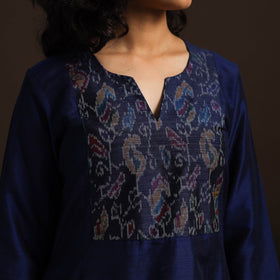 Slub silk a-line plain kurta with ikat patch 08