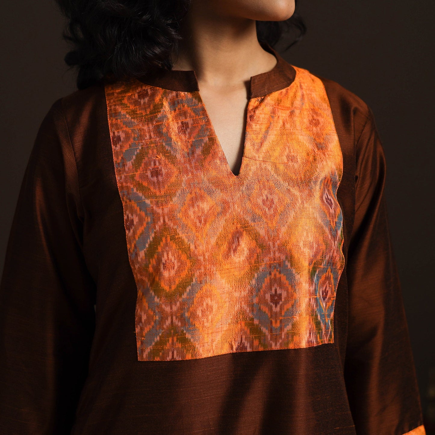Slub silk straight plain kurta with ikat patch 10