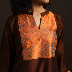 Slub silk straight plain kurta with ikat patch 10