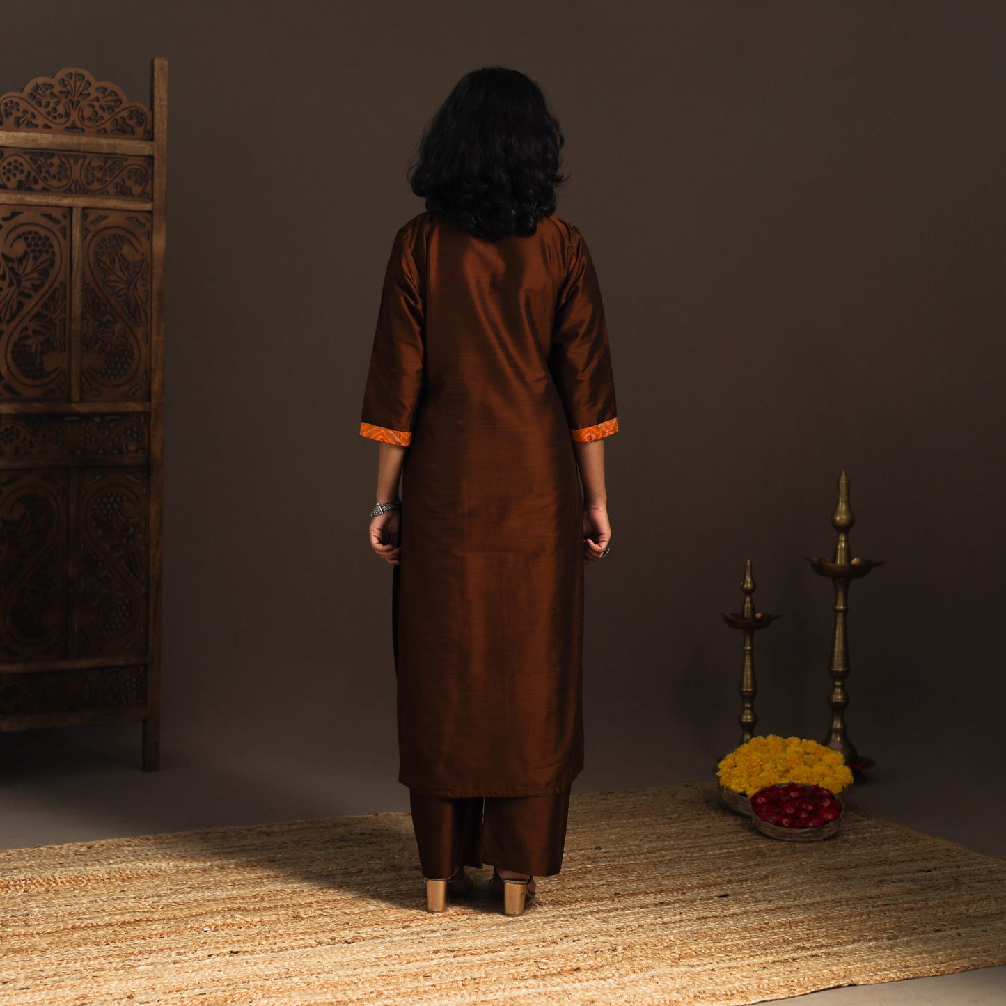 Slub silk straight plain kurta with ikat patch 10