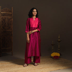 Slub silk straight plain kurta with ikat patch 12