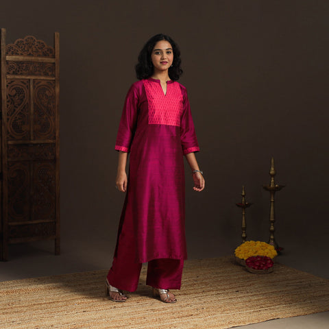 Slub silk straight plain kurta with ikat patch 12
