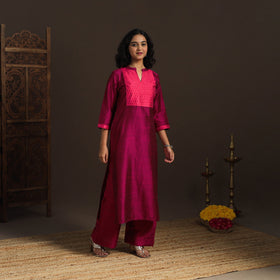 Slub silk straight plain kurta with ikat patch 12