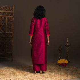 Slub silk straight plain kurta with ikat patch 12
