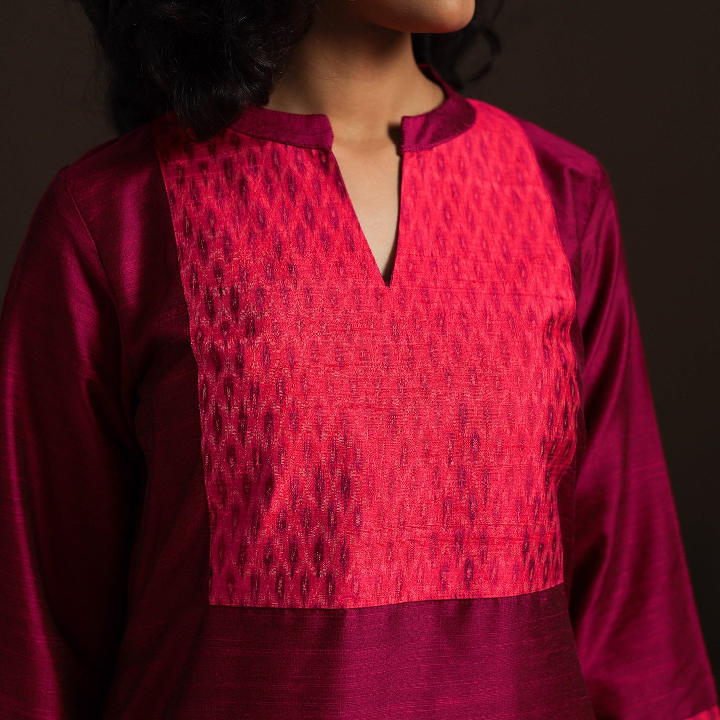 Slub silk straight plain kurta with ikat patch 12