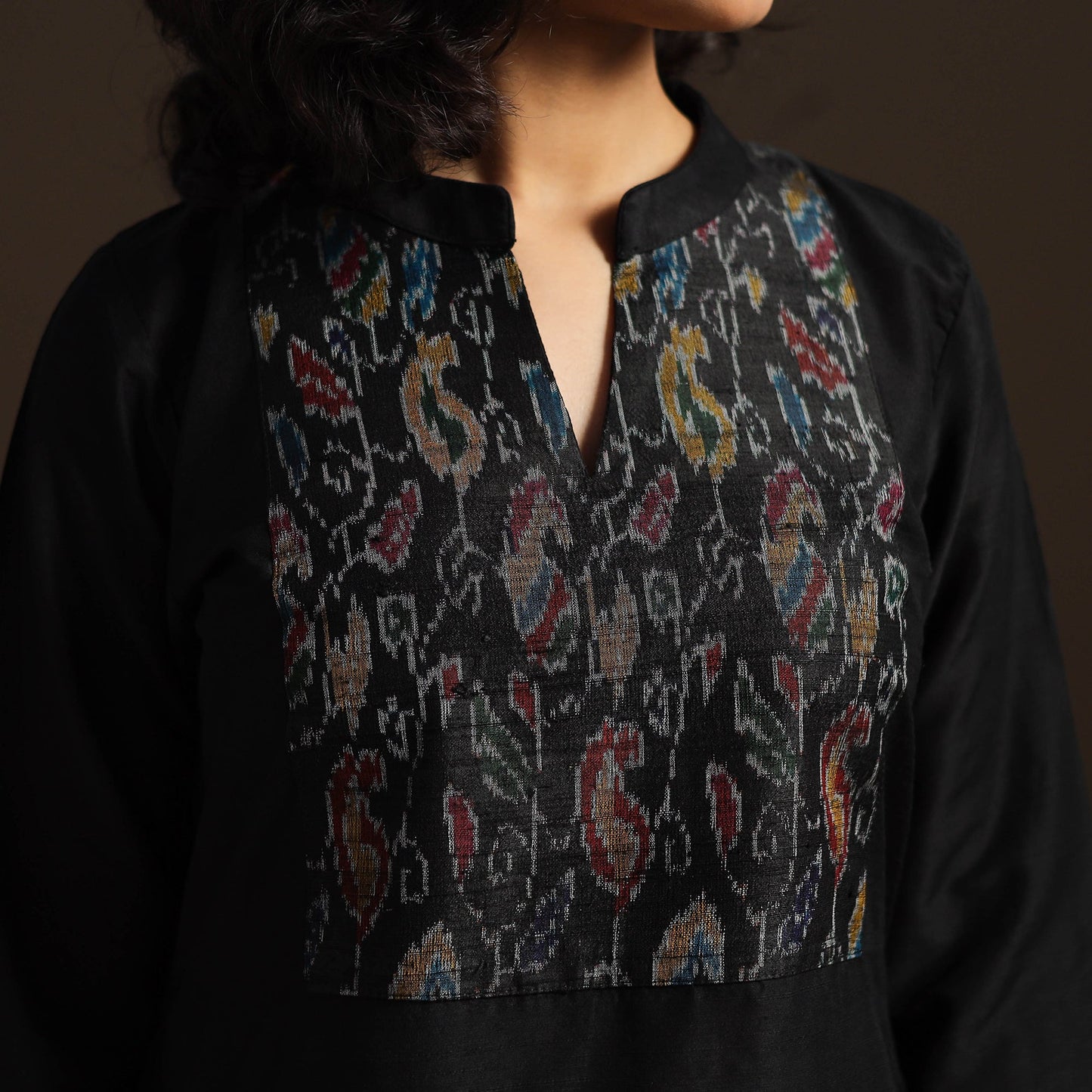 Slub silk straight plain kurta with ikat patch 13