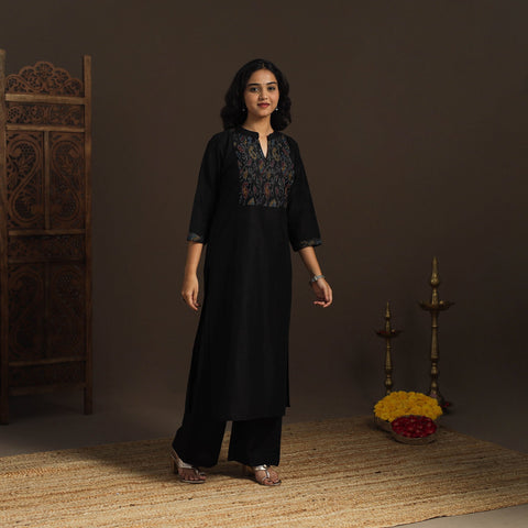 Slub silk straight plain kurta with ikat patch 13