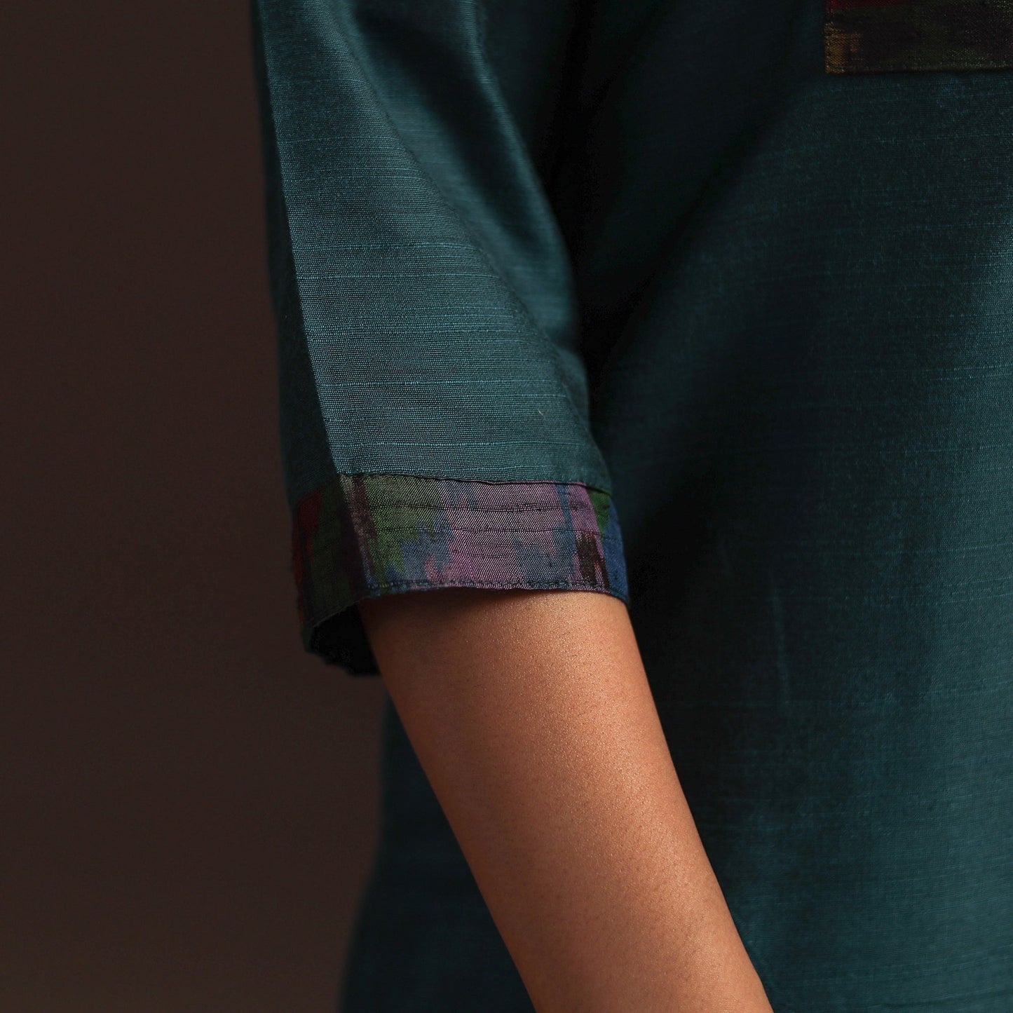 Slub silk straight plain kurta with ikat patch 14