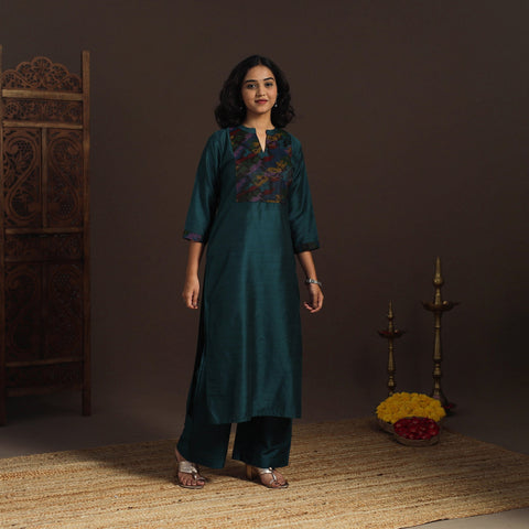 Slub silk straight plain kurta with ikat patch 14