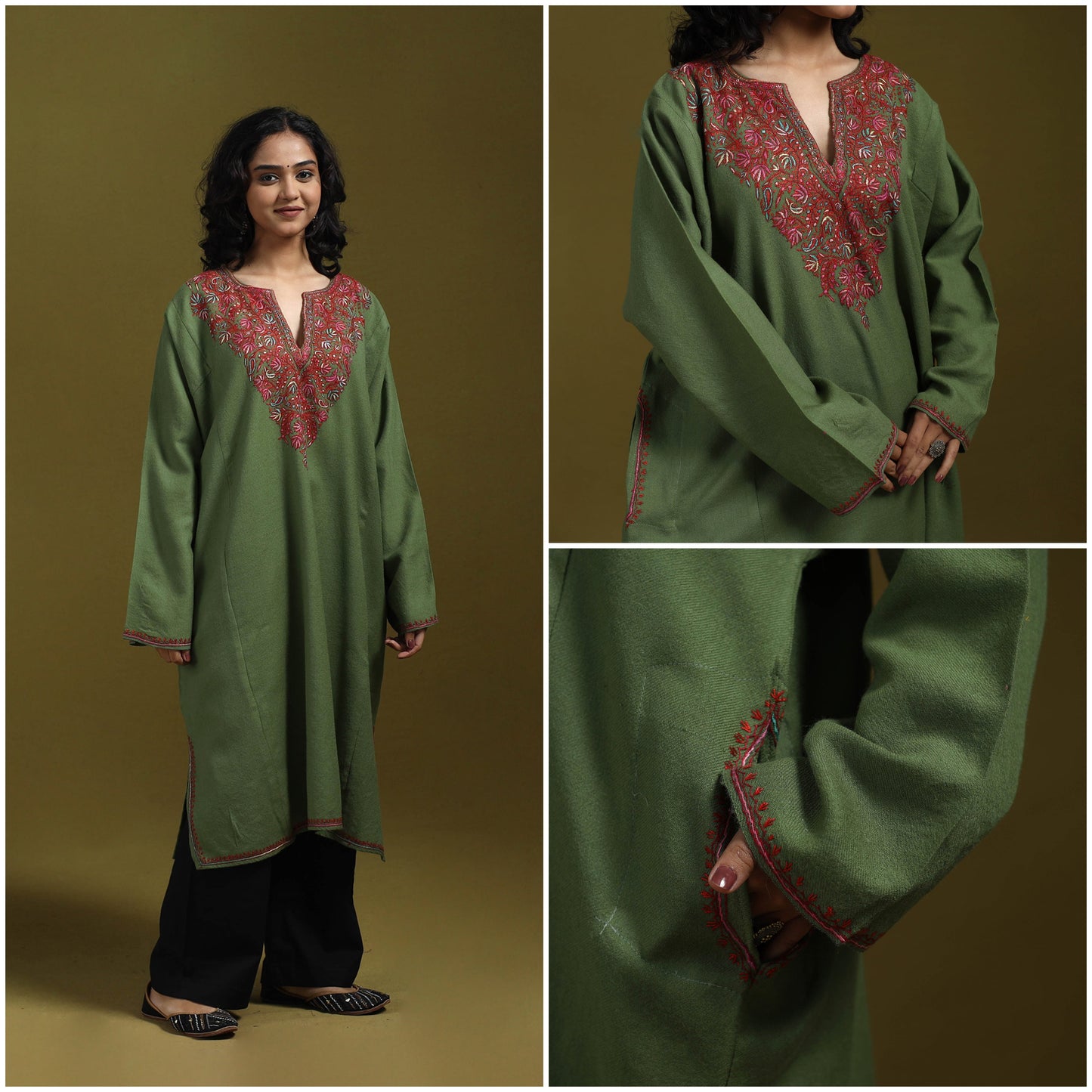 Sozni hand embroidered kashmiri merino wool pheran 04