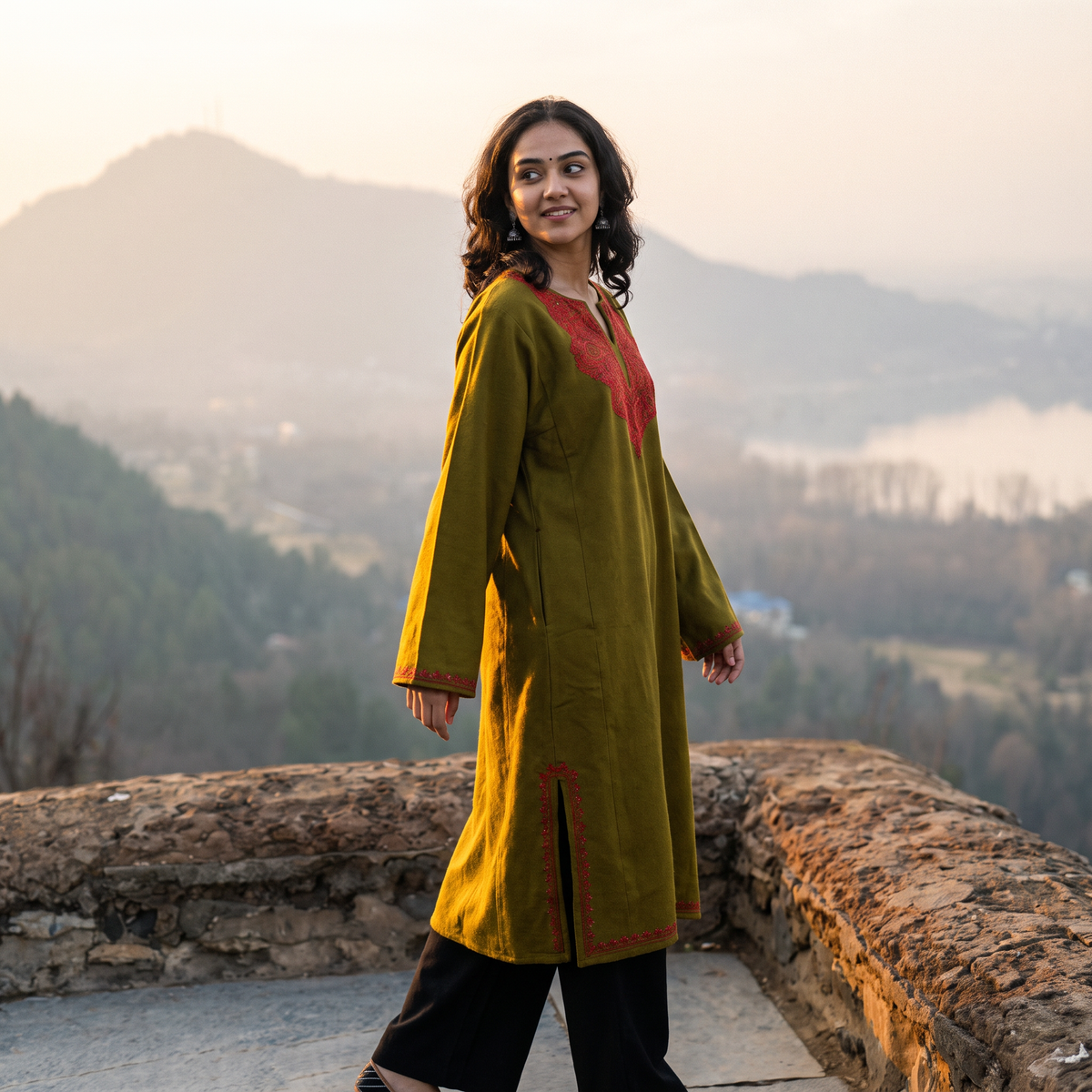 Green Sozni Hand Embroidered Kashmiri Merino Wool Pheran, worn by a model, AI visual of the pheran, iTokri