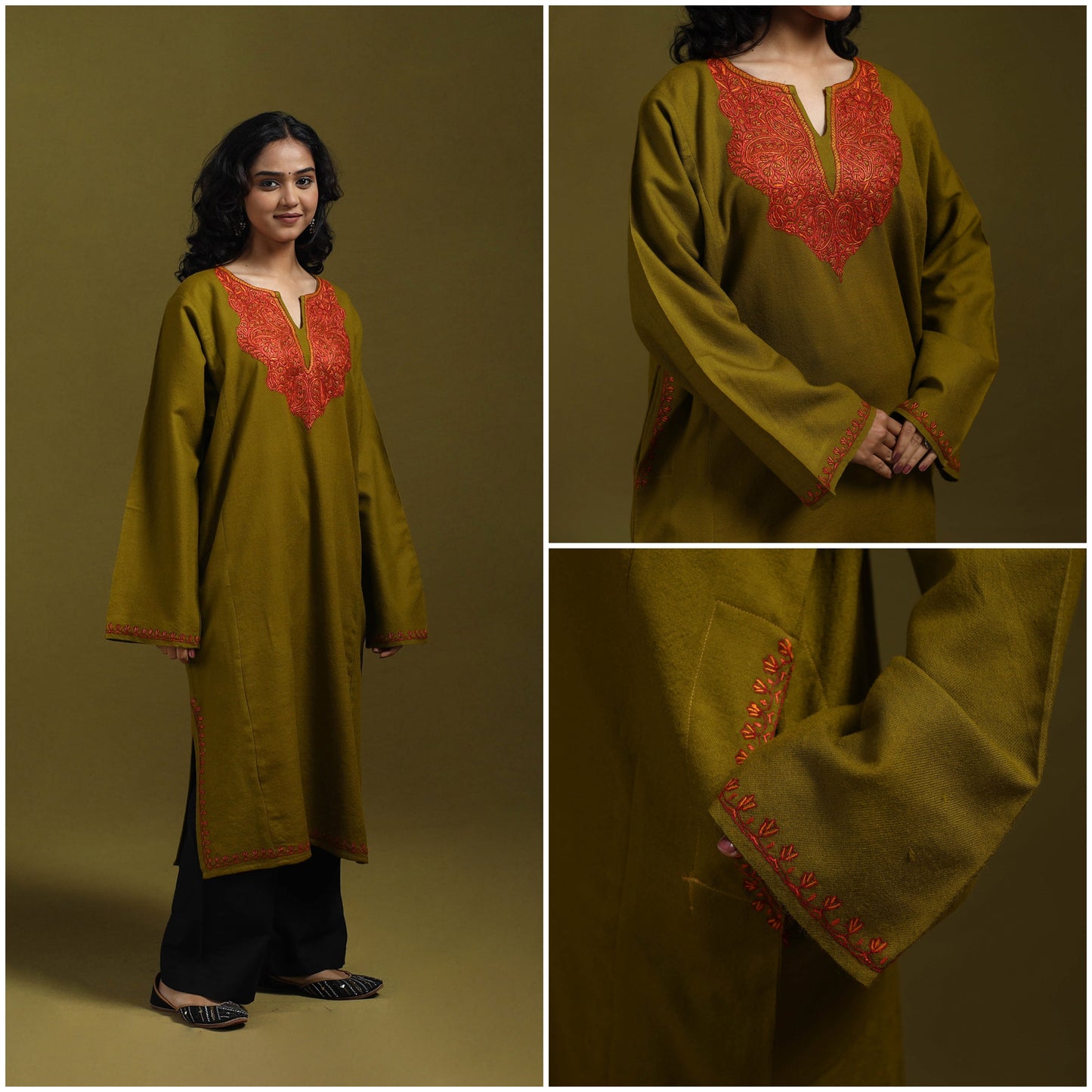 Sozni hand embroidered kashmiri merino wool pheran 07