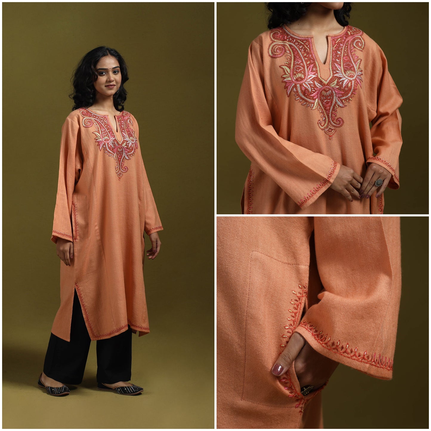 Sozni hand embroidered kashmiri merino wool pheran 10