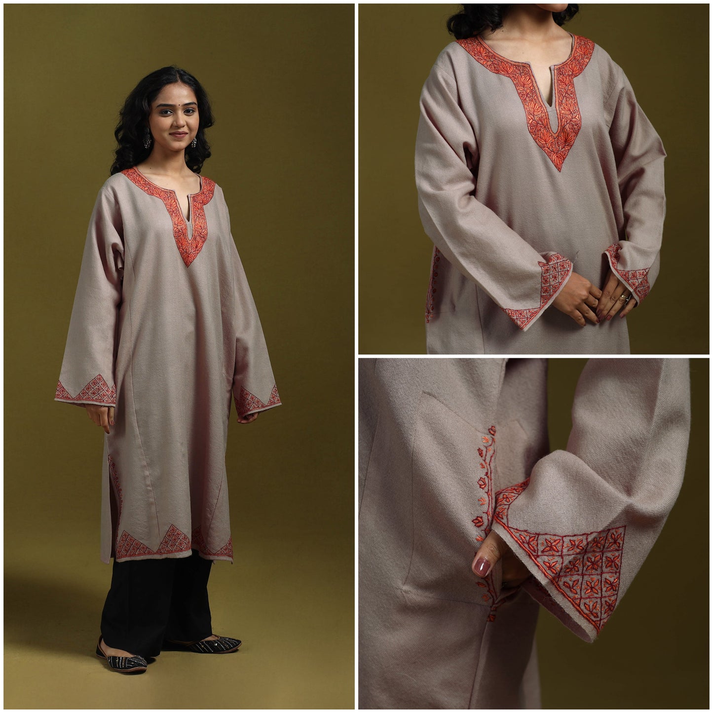 Sozni hand embroidered kashmiri merino wool pheran 11