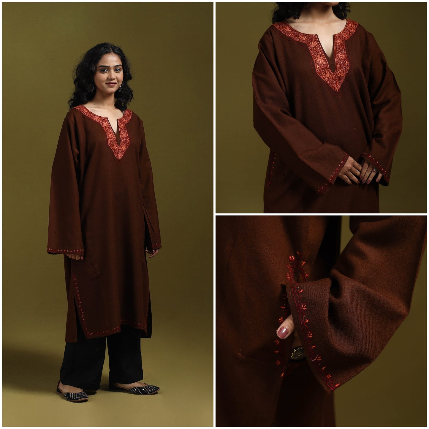 Sozni hand embroidered kashmiri merino wool pheran 14