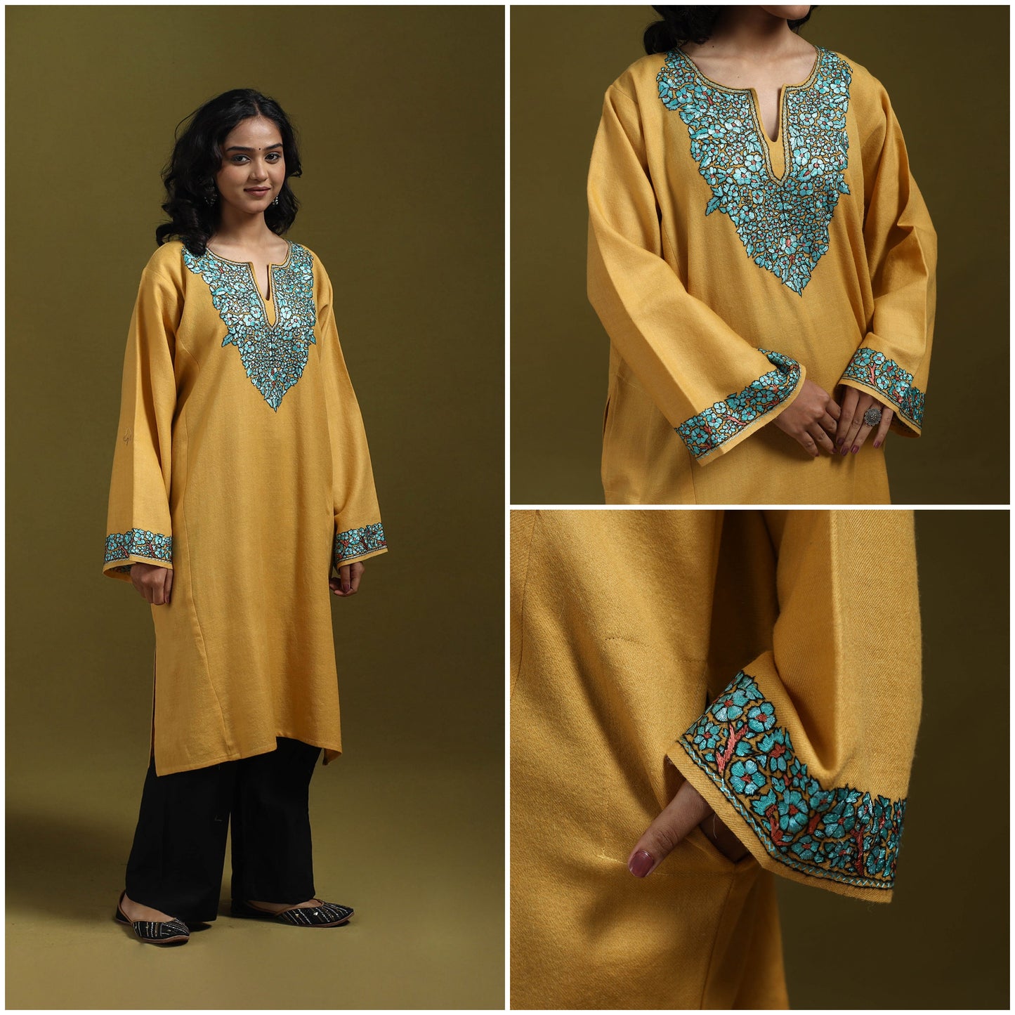 Sozni hand embroidered kashmiri merino wool pheran 16