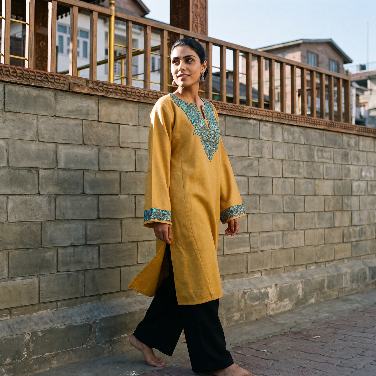 Yellow Sozni Hand Embroidered Kashmiri Merino Wool Pheran, worn by a model, AI visual of the pheran, iTokri