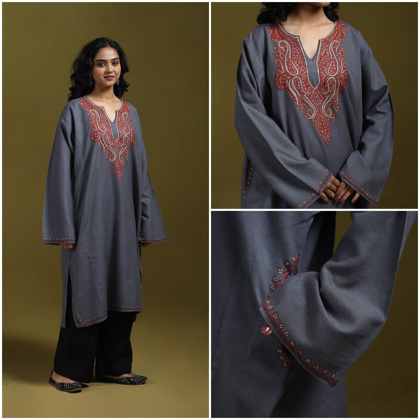 Sozni hand embroidered kashmiri merino wool pheran 17