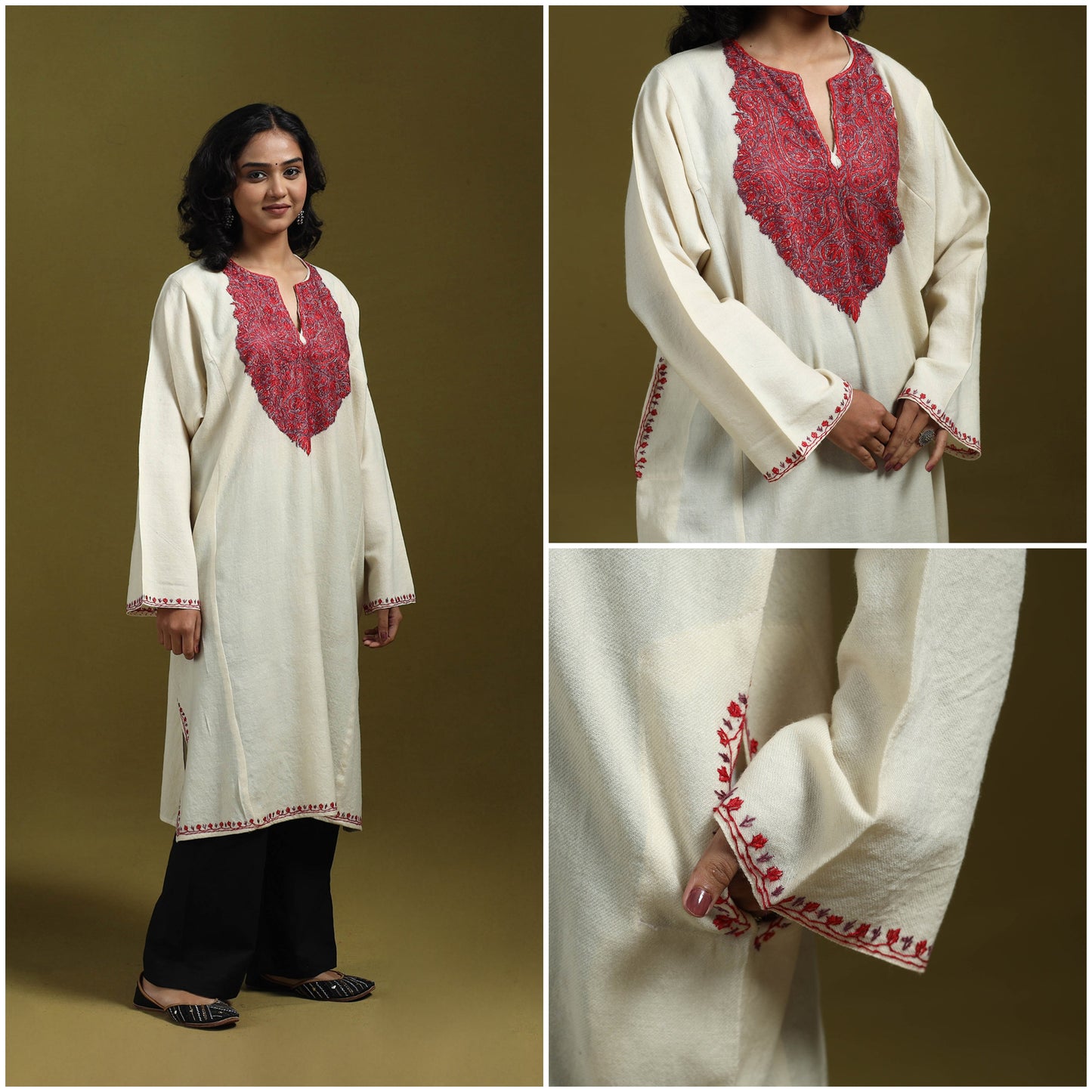 Sozni hand embroidered kashmiri merino wool pheran 18