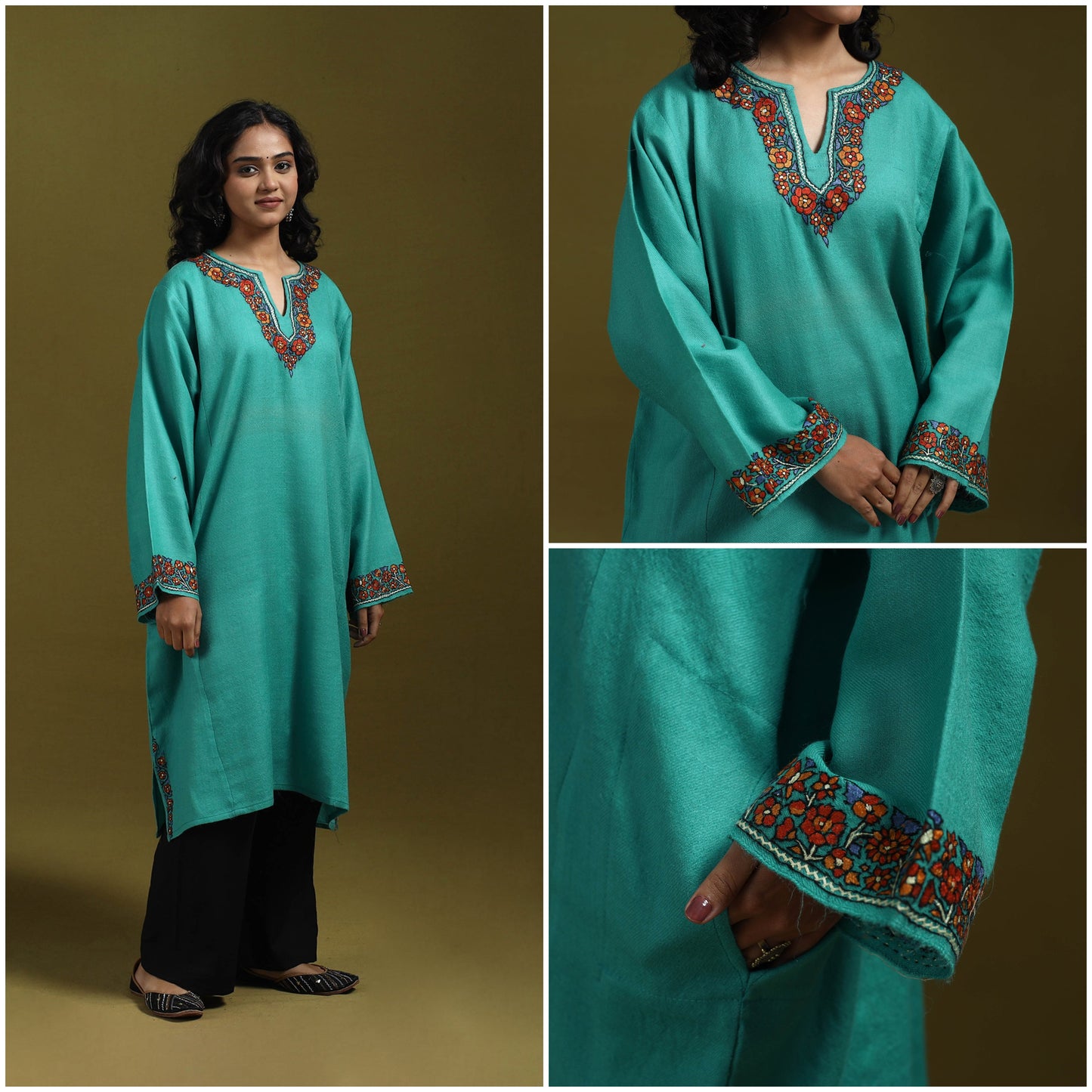Sozni hand embroidered kashmiri merino wool pheran 23