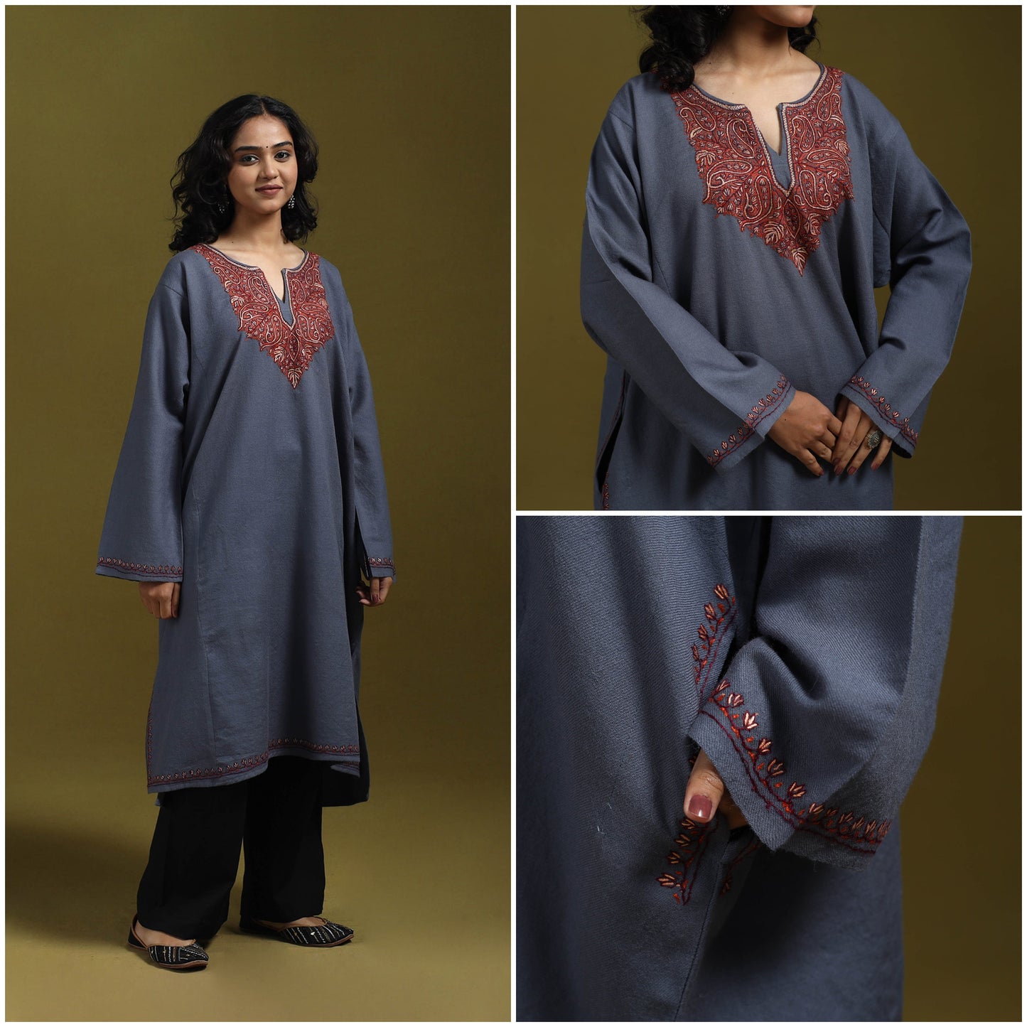 Sozni hand embroidered kashmiri merino wool pheran 27