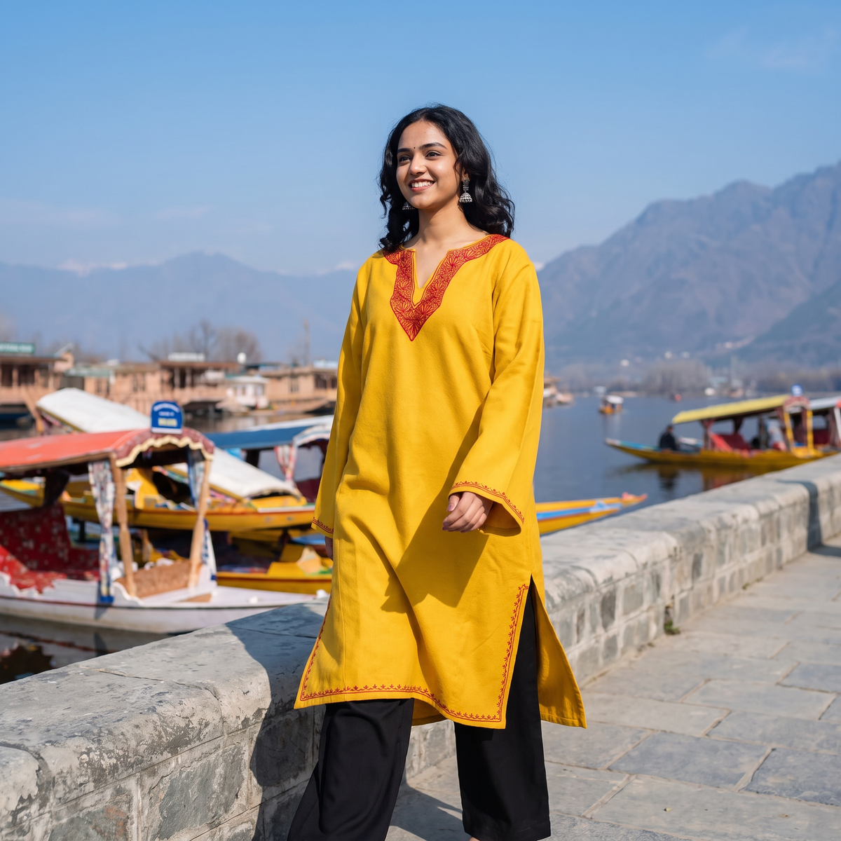 Yellow Sozni Hand Embroidered Kashmiri Merino Wool Pheran, worn by a model, AI visual of the pheran, iTokri