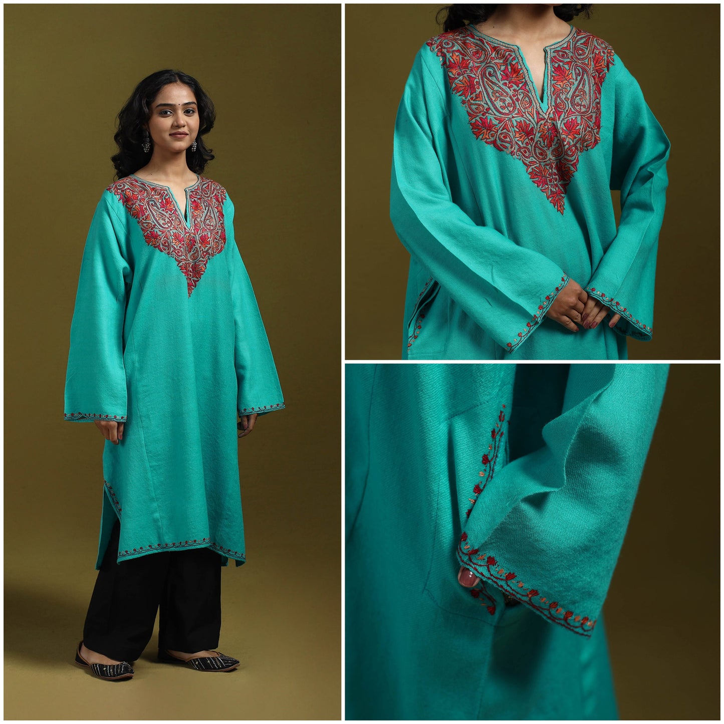 Sozni hand embroidered kashmiri merino wool pheran 32