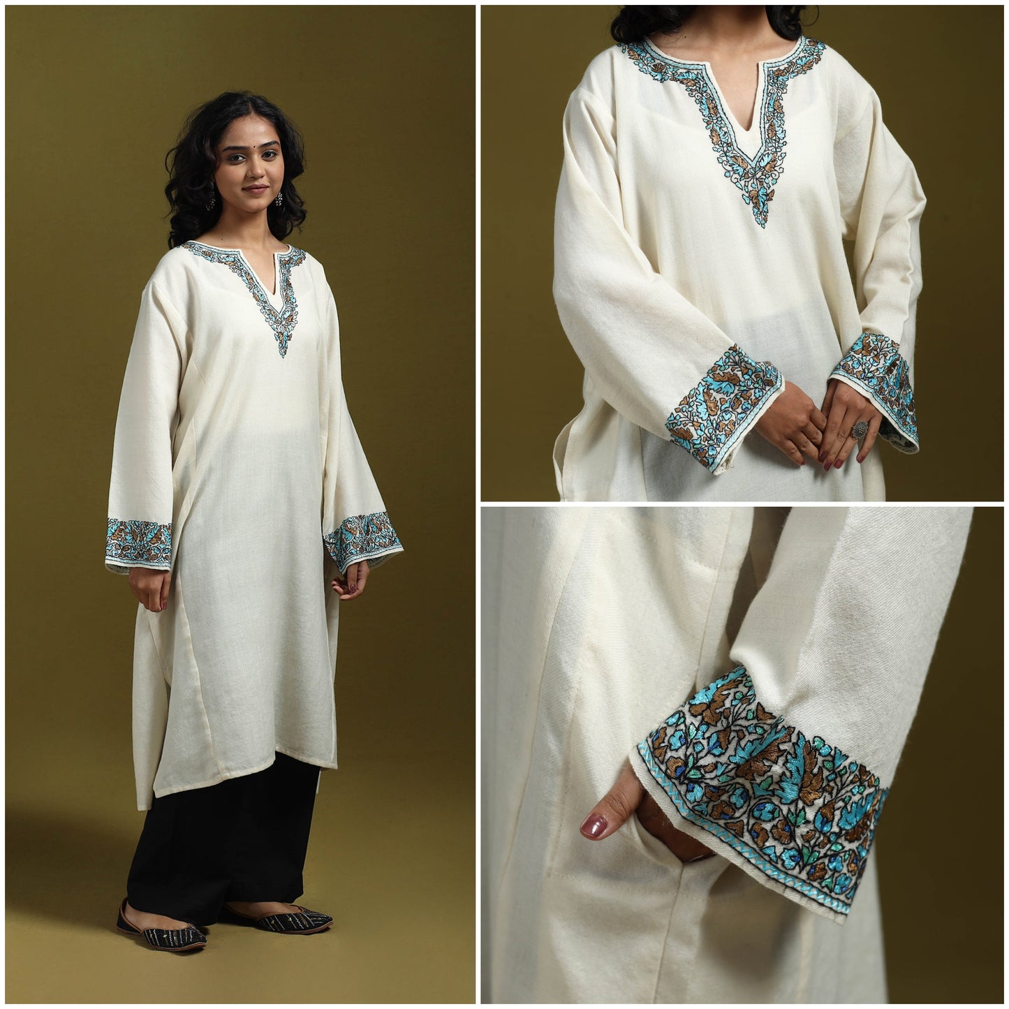 Sozni hand embroidered kashmiri merino wool pheran 33