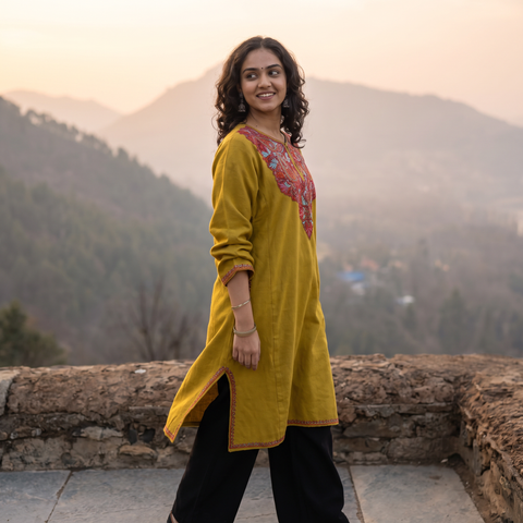 Yellow Sozni Hand Embroidered Kashmiri Merino Wool Pheran, worn by a model, AI visual of the pheran, iTokri