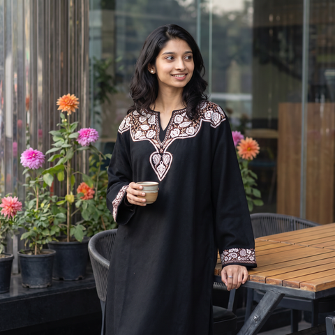 Black Sozni Hand Embroidered Kashmiri Merino Wool Pheran, worn by a model, AI visual of the pheran, iTokri