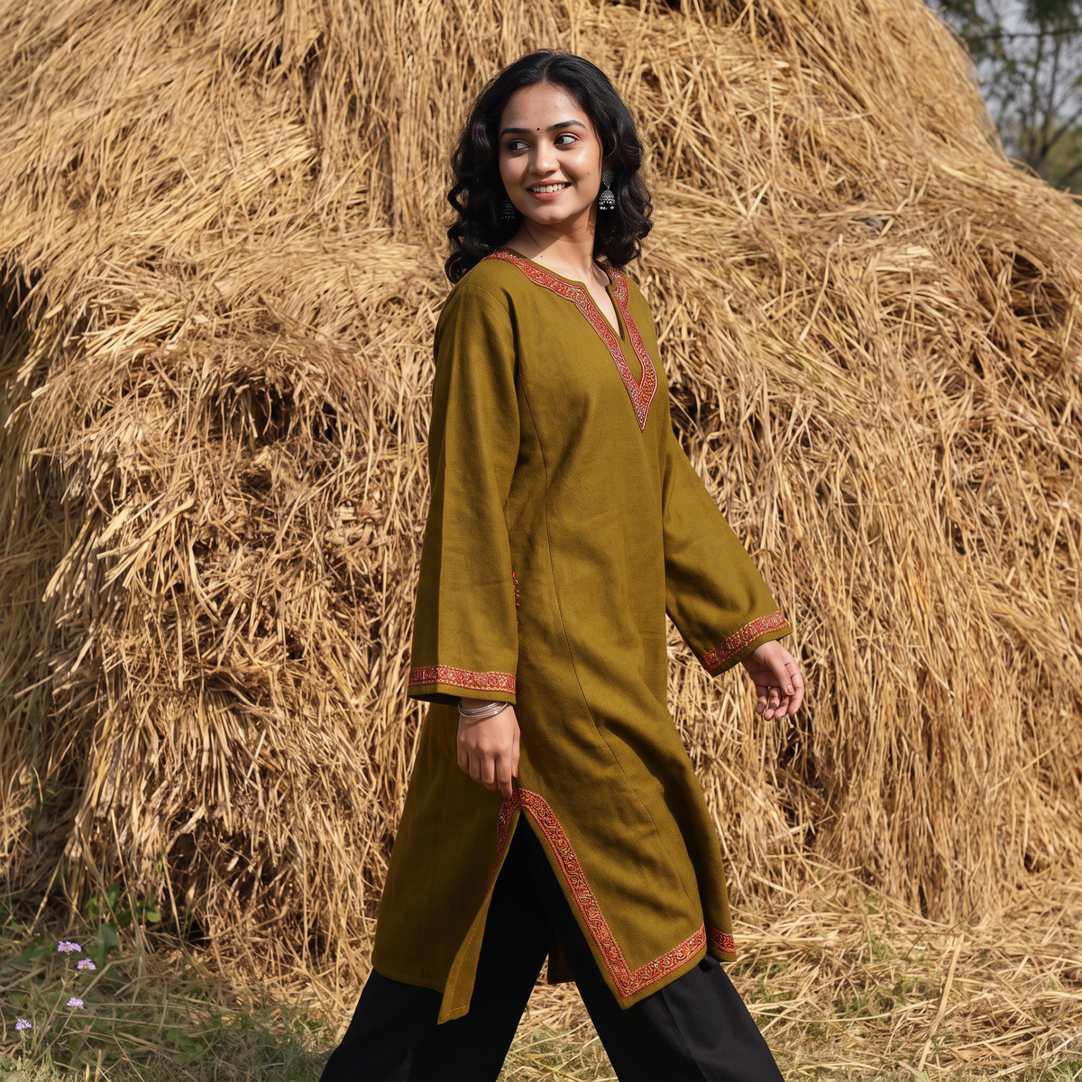 Brown Sozni Hand Embroidered Kashmiri Merino Wool Pheran, worn by a model, AI visual of the pheran, iTokri