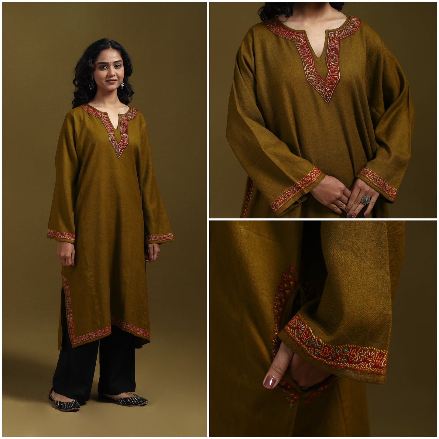 Sozni hand embroidered kashmiri merino wool pheran 44