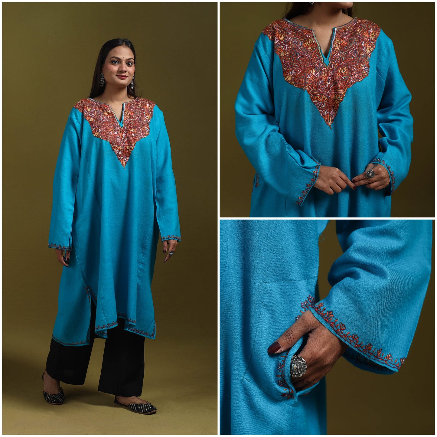 Sozni hand embroidered kashmiri merino wool pheran 50