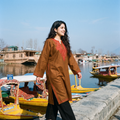 Brown Sozni Hand Embroidered Kashmiri Merino Wool Pheran, worn by a model, AI visual of the pheran, iTokri