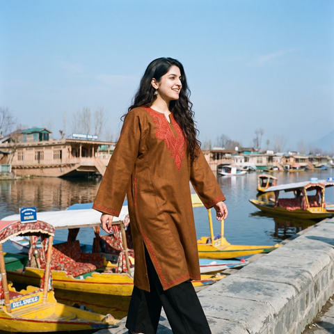 Brown Sozni Hand Embroidered Kashmiri Merino Wool Pheran, worn by a model, AI visual of the pheran, iTokri