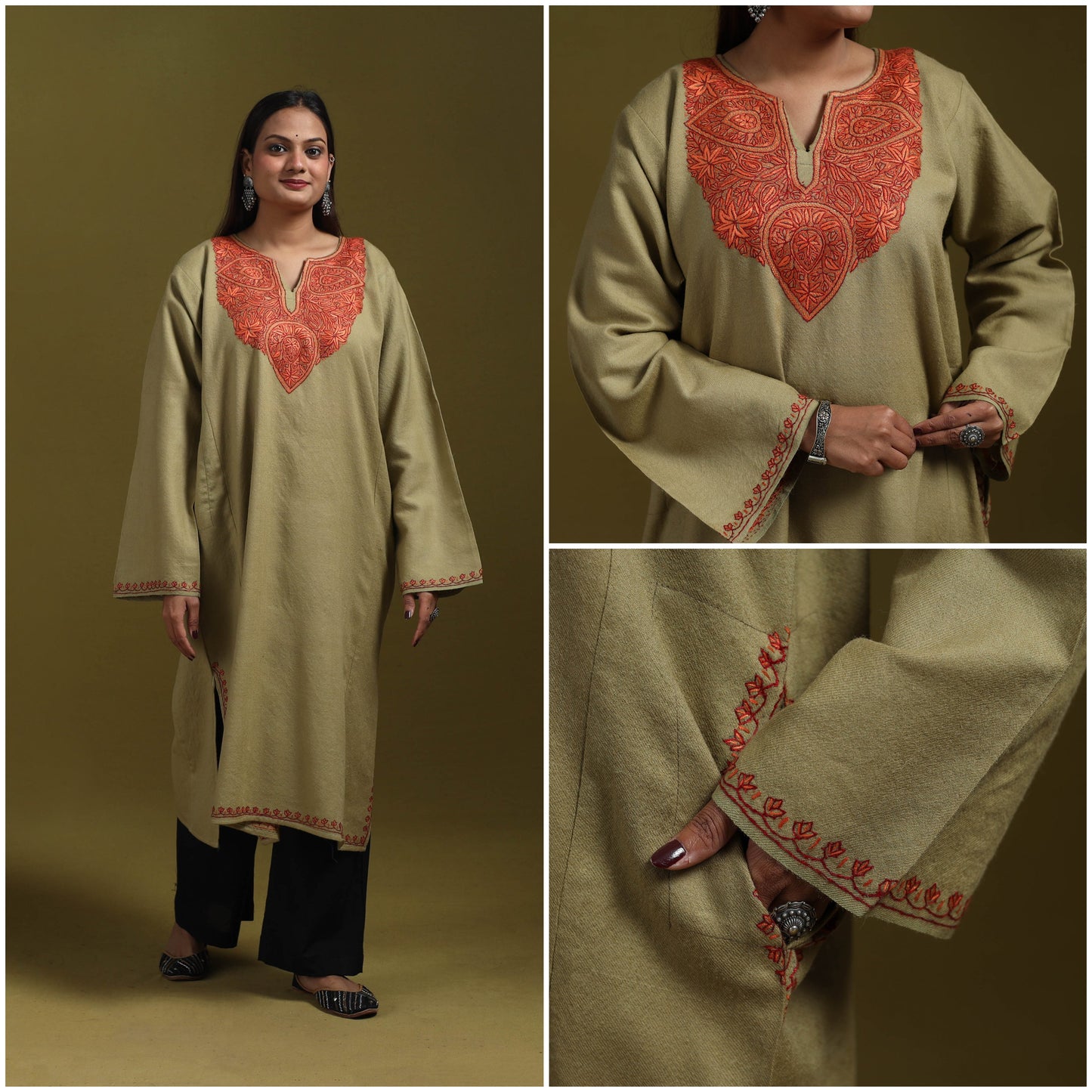 Sozni hand embroidered kashmiri merino wool pheran 56