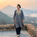 Grey Sozni Hand Embroidered Kashmiri Merino Wool Pheran, worn by a model, AI visual of the pheran, iTokri