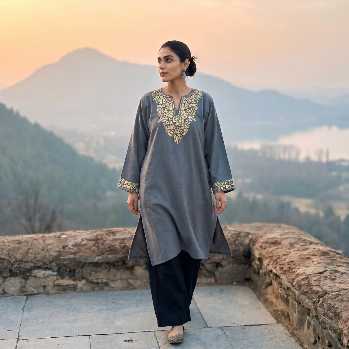 Grey Sozni Hand Embroidered Kashmiri Merino Wool Pheran, worn by a model, AI visual of the pheran, iTokri