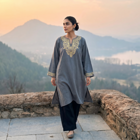 Grey Sozni Hand Embroidered Kashmiri Merino Wool Pheran, worn by a model, AI visual of the pheran, iTokri