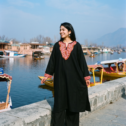 Black Sozni Hand Embroidered Kashmiri Merino Wool Pheran, worn by a model, AI visual of the pheran, iTokri