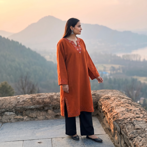 Red Sozni Hand Embroidered Kashmiri Merino Wool Pheran, worn by a model, AI visual of the pheran, iTokri