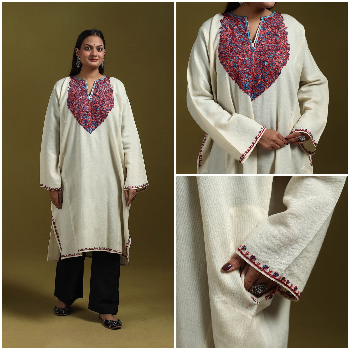 Sozni hand embroidered kashmiri merino wool pheran 63