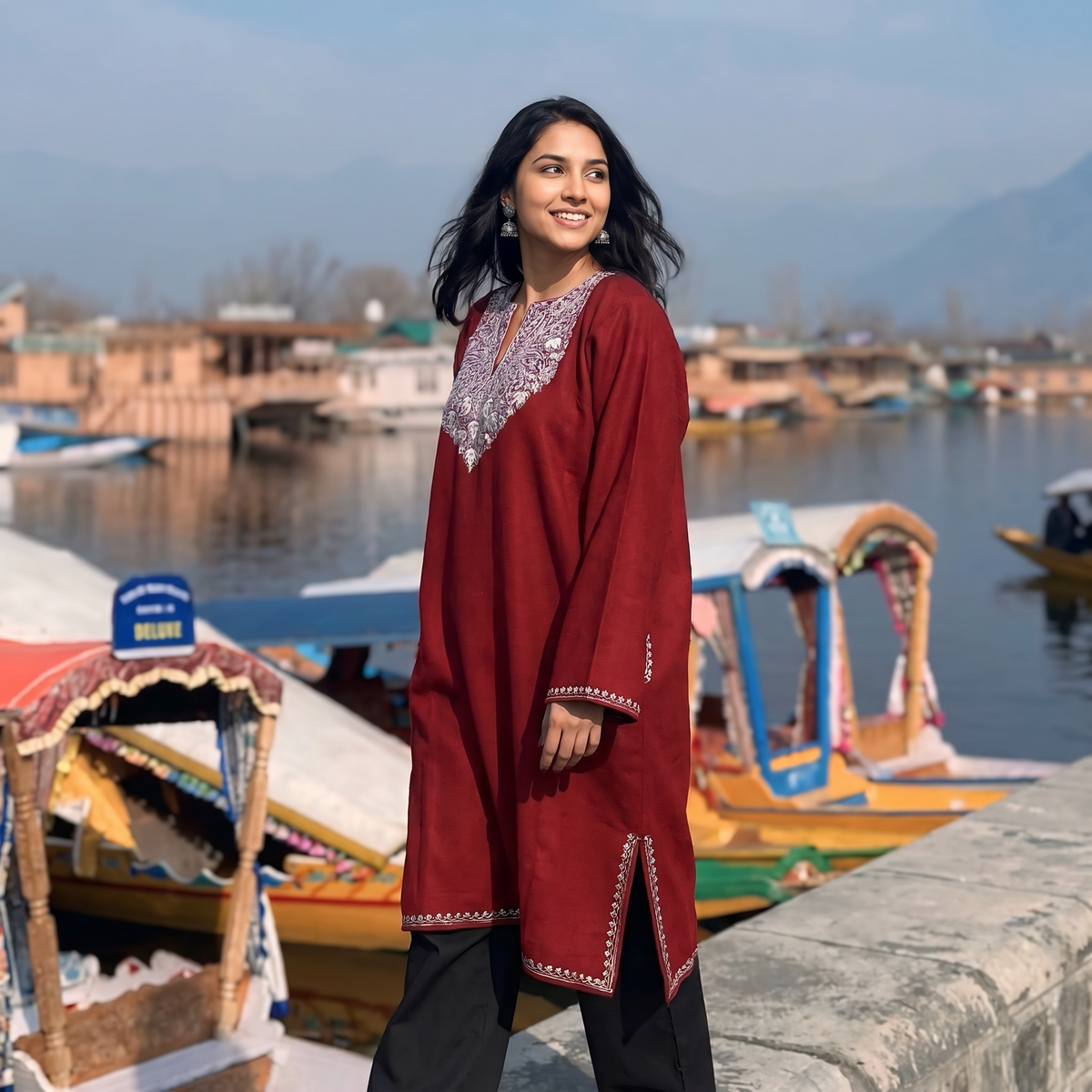 Maroon Sozni Hand Embroidered Kashmiri Merino Wool Pheran, worn by a model, AI visual of the pheran, iTokri