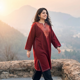 Maroon Sozni Hand Embroidered Kashmiri Merino Wool Pheran, worn by a model, AI visual of the pheran, iTokri