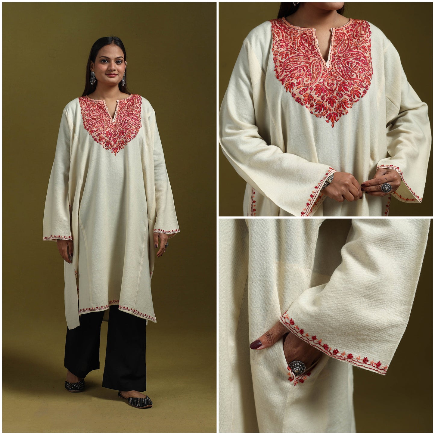 Sozni hand embroidered kashmiri merino wool pheran 69