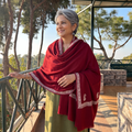 Maroon Sozni Hand Embroidery Merino Wool Handwoven Kashmiri Dordaar Pashmina Shawl, worn by a model, AI visual of the shawl, iTokri