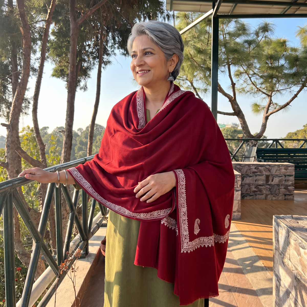 Maroon Sozni Hand Embroidery Merino Wool Handwoven Kashmiri Dordaar Pashmina Shawl, worn by a model, AI visual of the shawl, iTokri