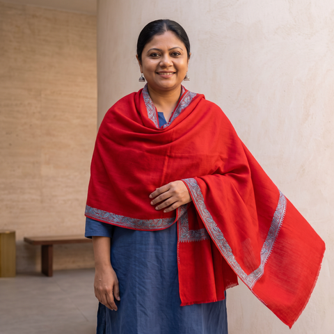 Red Sozni Hand Embroidery Work Kashmiri Merino Wool Shawl, worn by a model, AI visual of the shawl, iTokri