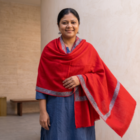 Red Sozni Hand Embroidery Work Kashmiri Merino Wool Shawl, worn by a model, AI visual of the shawl, iTokri