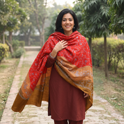 Red Sozni Heavy Hand Embroidery Work Kashmiri Merino Wool Shawl, worn by a model, AI visual of the shawl, iTokri